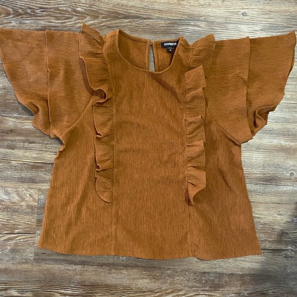 Express Burnt Orange Textured Double Ruffle Top - Picture 3 of 3
